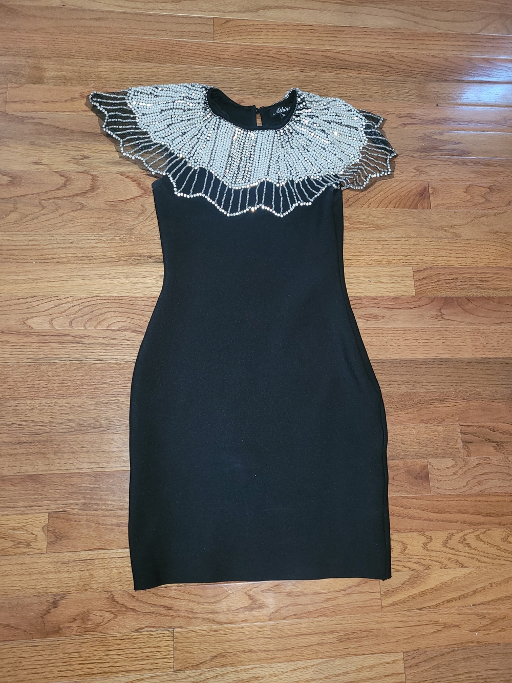 Black Mini Dress with White Beaded Collar